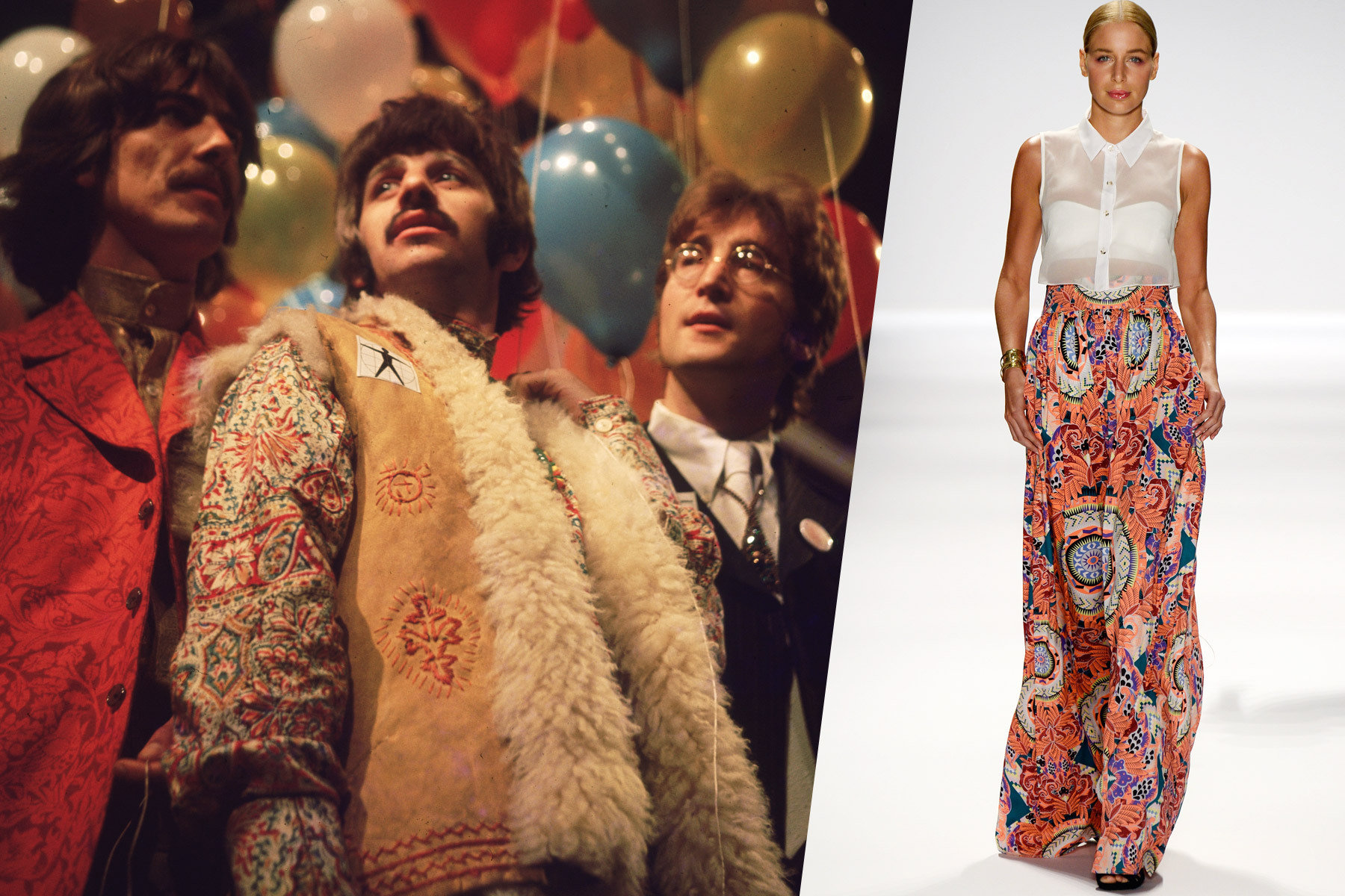 The Beatles ready for the 1968 world tour with a paisley clad model from Mara Hoffman